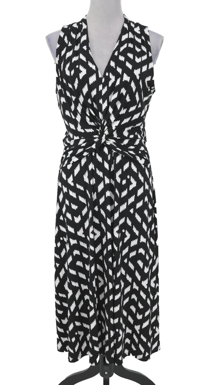 WHBM Dress Womens 12 Black White Print Stretch Knit Ruched Waist Midi Summer
